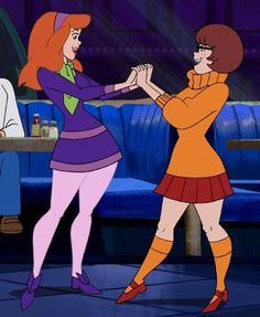 two cartoon characters are dancing together in front of a bar