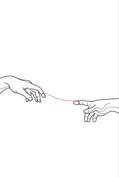 two hands reaching out to touch each other's hand with red string on white background