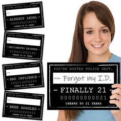 a woman holding up a sign that says forgot my id finally 21 00 00 11