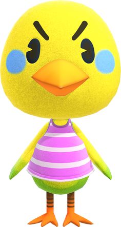 a yellow bird wearing a pink and white striped shirt with blue eyes, standing in front of a white background