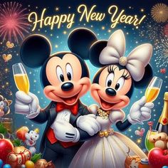 two mickey and minnie mouses holding champagne glasses in front of fireworks with the words happy new year written on it