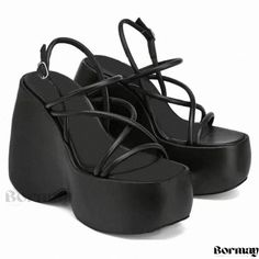 Bormay - Waterproof Platform High Heel Sandals with a Sexy Wedge Heel Square Head, Fabric Shoes, Platform Heels Chunky, Wedge Heel Sandals, Platform High Heels, Evening Shoes