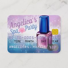 a purple and blue nail polish card with the words angelila's spa party on it