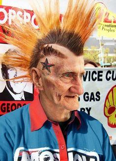 an old man with his hair in the shape of a star on his forehead and text that reads punk rock grandpa your argument has never been so