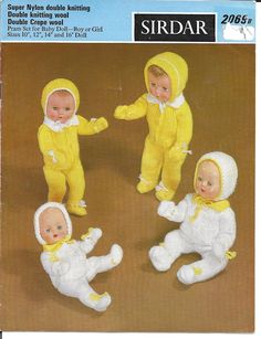 three baby dolls in yellow and white outfits