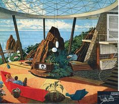 an artist's rendering of the interior of a futuristic building with mountains in the background