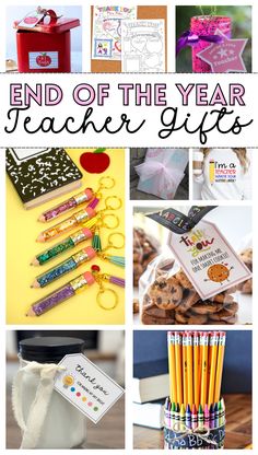 the end of the year teacher gifts are shown with pencils, books and other items