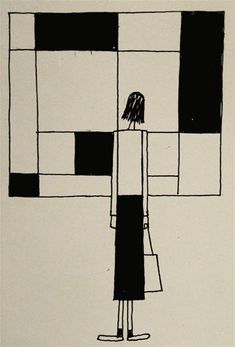 a black and white drawing of a person with a handbag standing in front of squares