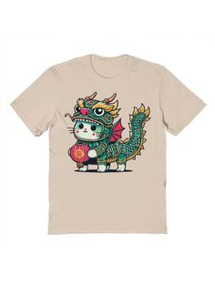 a t - shirt with an image of a cat and dragon on the front, in beige