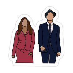 two people dressed in suits and hats sticker on a white background, one is wearing a suit and the other has a red dress