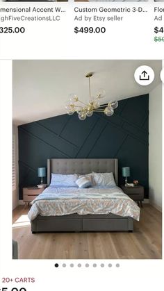 a bedroom with a bed, nightstands and a chandelier hanging from the ceiling