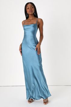 Inspire Romance Slate Blue Satin Cowl Neck Lace-Up Maxi Dress Elegant Fitted Dusty Blue Dress, Dusty Blue Fitted Elegant Dress, Silk Prom Dress, Blue Satin Dress, Prom Dress Inspo, Blue Silk Dress, Column Skirt, Prom Dress Inspiration, Cute Prom Dresses