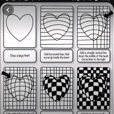 the instructions for how to draw hearts in squares and checkerboard pattern, with an arrow