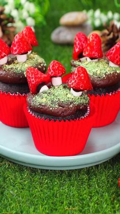 chocolate cupcakes decorated with strawberries and green sprinkles on a plate