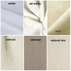 four different shades of white and natural linens, with the names on each side