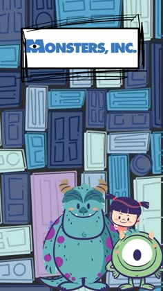 the monsters, inc logo is shown above an image of two children in front of bookshelves