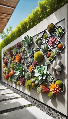 a wall with many different types of succulents and plants on the side