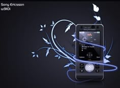 an mp3 player with blue swirls and flowers on it's display screen, in front of a black background