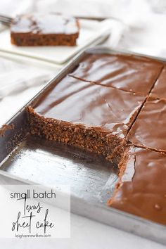 there is a chocolate cake that has been cut into squares and placed on a pan