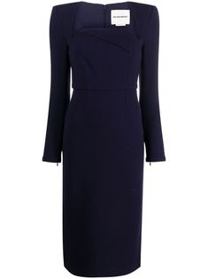 navy blue wool crepe draped detailing square neck concealed rear zip fastening shoulder pads long sleeves straight hem knee-length Roland Mouret Dress, Midi Dress For Women, Crepe Midi Dress, Wool Crepe, Dressed To The Nines, Roland Mouret, Office Dresses, Blue Midi Dress, Blue Wool