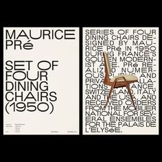 two posters with chairs and the words maurice pre set of four dining chairs 1950