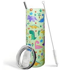 a water bottle with a straw in it sitting next to a metal drinking cup and thermos