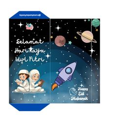 an open book with two children in space on it