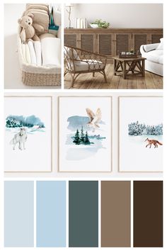 the color scheme for this living room is blue, brown, and white with an animal theme