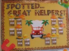 a bulletin board with hats, palm trees and a jeep on the front that says spotted great helpers