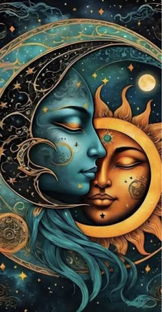 the sun and moon face are depicted in this painting