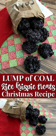 a bag filled with black food sitting on top of a wooden table next to a christmas tree