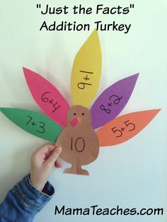 a hand holding up a turkey cutout with the words, just the fact addition turkey