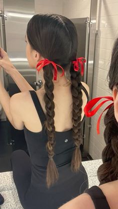 Red Ribbon Braids, Two Braids With Ribbon Bows, Pigtail Bow Hairstyle, Pig Tails With Bows, Bows And Braids, Braided Hairstyles With Bows, Red Bows In Hair, Updos With Bows, Two Braids Aesthetic