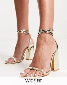 ASOS DESIGN Wide Fit Native strappy heeled sandals in gold | ASOS Gold Trend, Strappy Sandals Heels, Strappy Heels, Sandals Heels, Asos, Sandals, Heels, Gold, Design