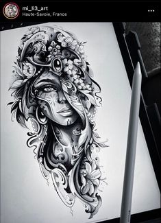 a pencil drawing of a woman's face with flowers and leaves around her head