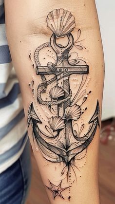 an anchor tattoo is shown on the thigh and it's intricately detailed design