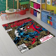 a spiderman rug in a child's room