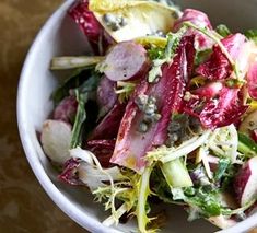 Radish Salad Recipe with Chicory and Anchovy Dressing Anchovy Dressing, Radish Salad, Sweet Potato Wedges, Easy Salad Recipes, Salad Bar, Radishes, Anchovies, Vegetable Sides