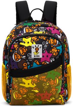 Canvas backpack in multicolor. · Graphic pattern printed throughout · Rolled webbing carry handle · Adjustable padded shoulder straps · Sternum strap · Logo patch at face · Zip and patch pocket at face · Mesh patch pocket at sides · Two-way zip closure · Fully lined · H14.5 x W10 x D4 Supplier color: Multi Bape Bookbags, Bape Backpack, Spray Ground Backpack, Cute Bookbags, Bape Bag, Y2k Backpack, Bape Star, Sprayground Backpack, Bape Kids