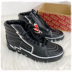 Brand New Vans Sk8-Hi Bolt Blck/Wht Casual Athletic Lifestyle Sneakers Genuine Leather Black With White Detail Black Laces Hi Tops 3.5 Us Men - Youth Unisex Brand New Unworn Condition, In Original Box Posh Ambassador Pet Free & Smoke Free Home! Fast Shipping No Trades Trendy Black Winter Sneakers, Black Sneakers For School In Spring, Black School Sneakers For Spring, Black Spring Sneakers For School, Athletic Lifestyle, Lifestyle Sneakers, New Vans, Vans Black And White, Vans Sk8 Hi