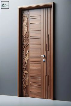 an open wooden door with intricate carvings on the front and side panels, in a gray room