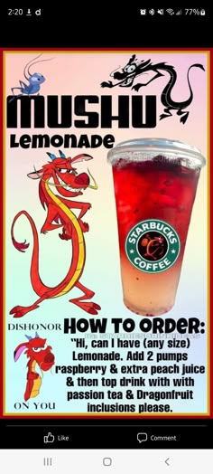 the menu for mushi lemonade is displayed on an iphone screen, with instructions to order it