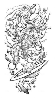 an astronaut tattoo design on the back of a man's arm