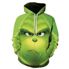 the grin face is shown on this green hoodie with an angry look to it's chest