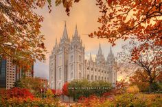 the salt lake temple in autumn with trees and flowers around it, during an orange sunset