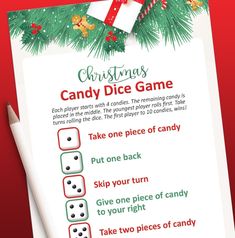 a christmas candy dice game is shown on a piece of paper with the instructions for it