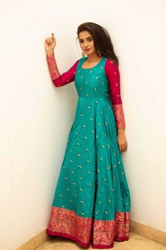 Recycle Saree, Creative Dresses, Long Frocks For Girls, Saree Reuse, Frock Models, Teal Blue Dress, Saree Material, Saree Gowns, Umbrella Dress