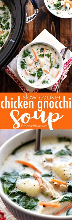 slow cooker chicken gnocchi soup with spinach and carrots in it