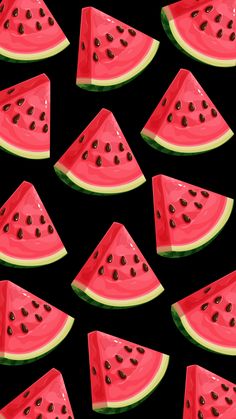 many slices of watermelon with black seeds on them are arranged in a pattern