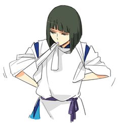 an anime character with black hair wearing a white shirt and blue pants, holding her hands behind her back